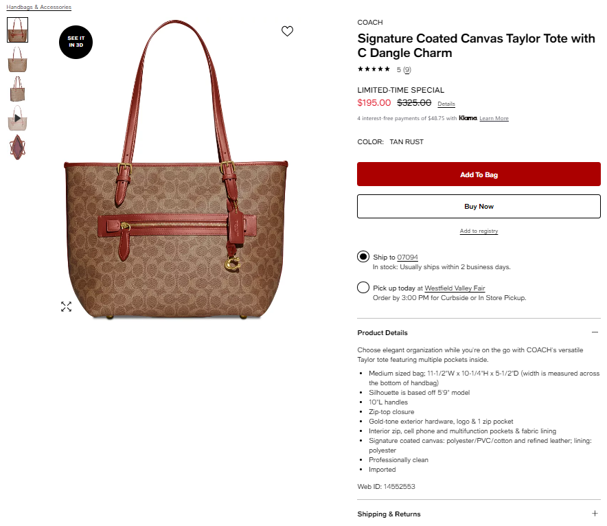 降價！COACH 蔻馳 Coated Taylor C標(biāo)老花款托特包 6折 $195（約1396元）